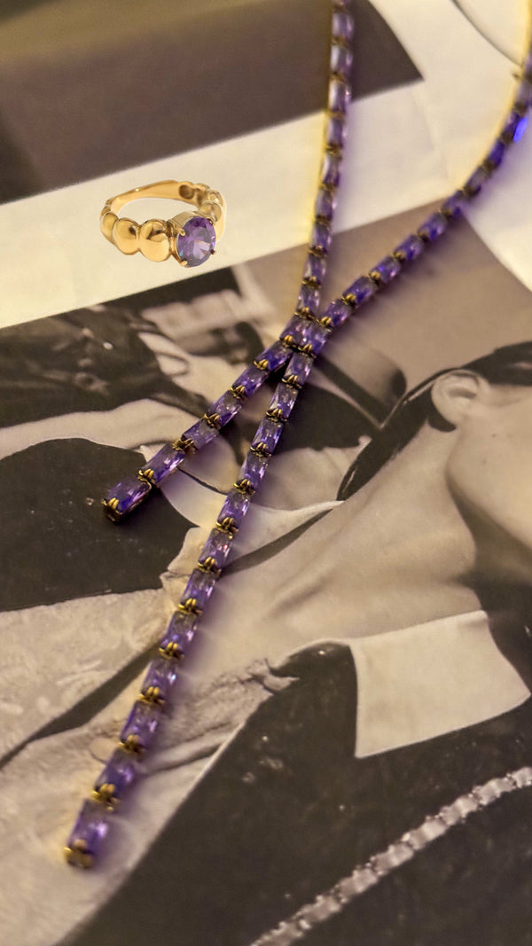Purple Statement Zircon Necklace with Ring (Set)