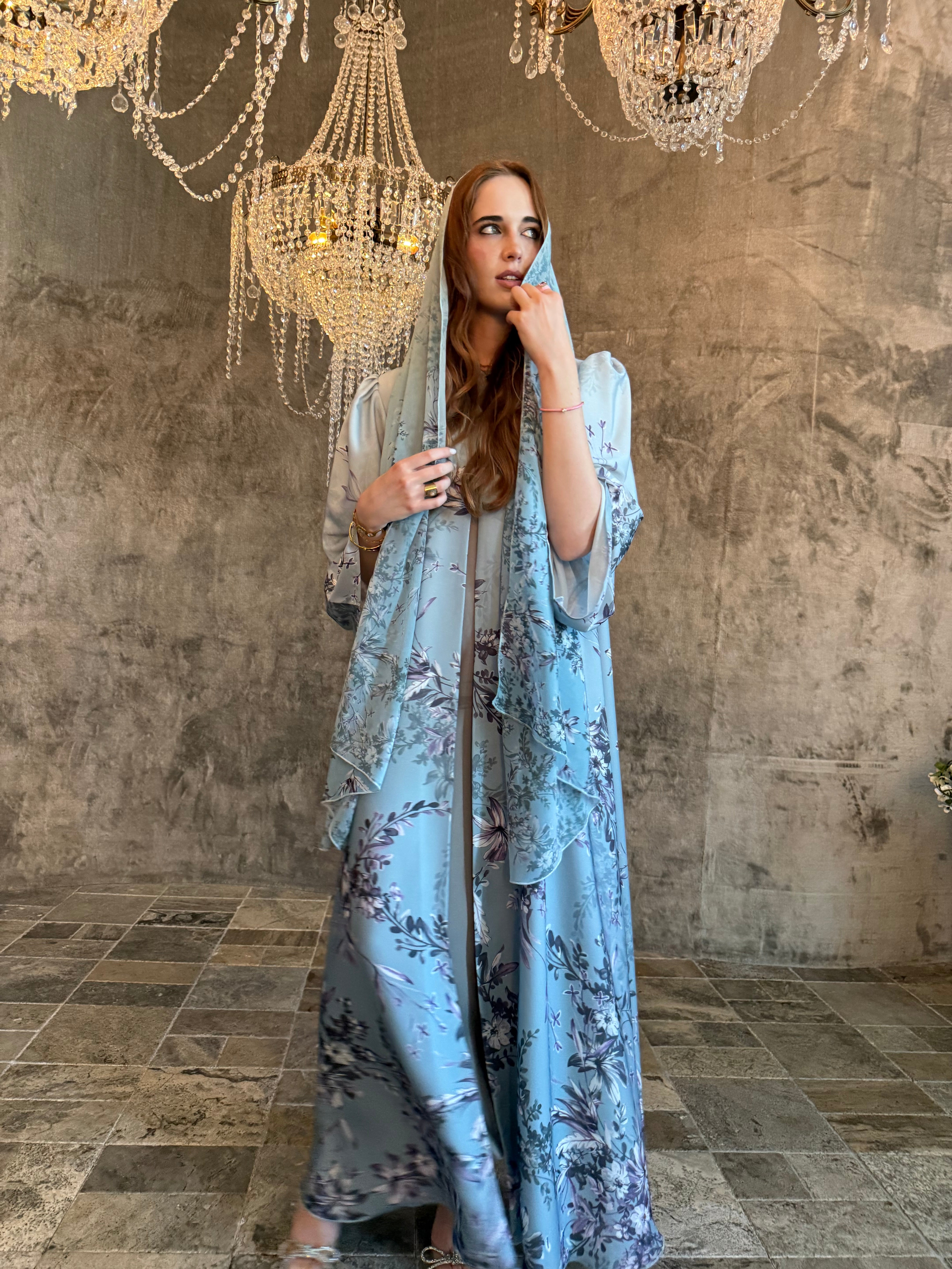 Azure Fleur Printed Abaya with Matching Printed Sheila