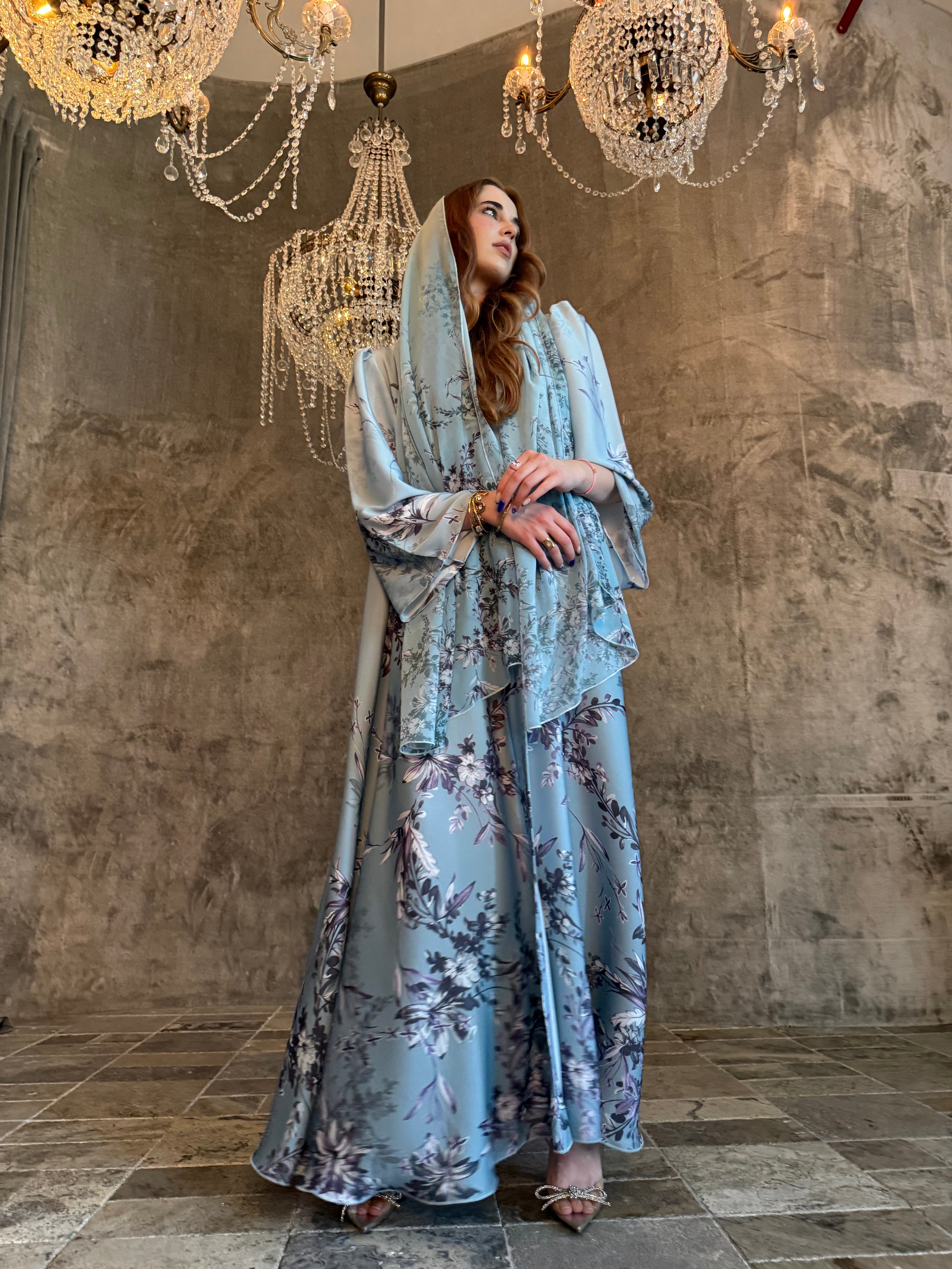Azure Fleur Printed Abaya with Matching Printed Sheila