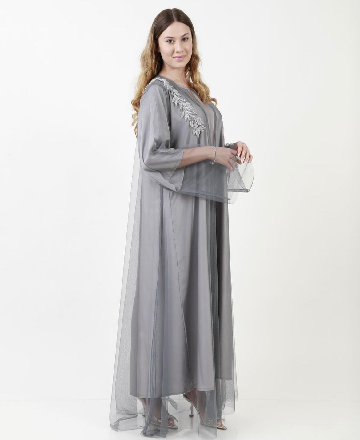Grey Tulle Abaya - 3 pieces set