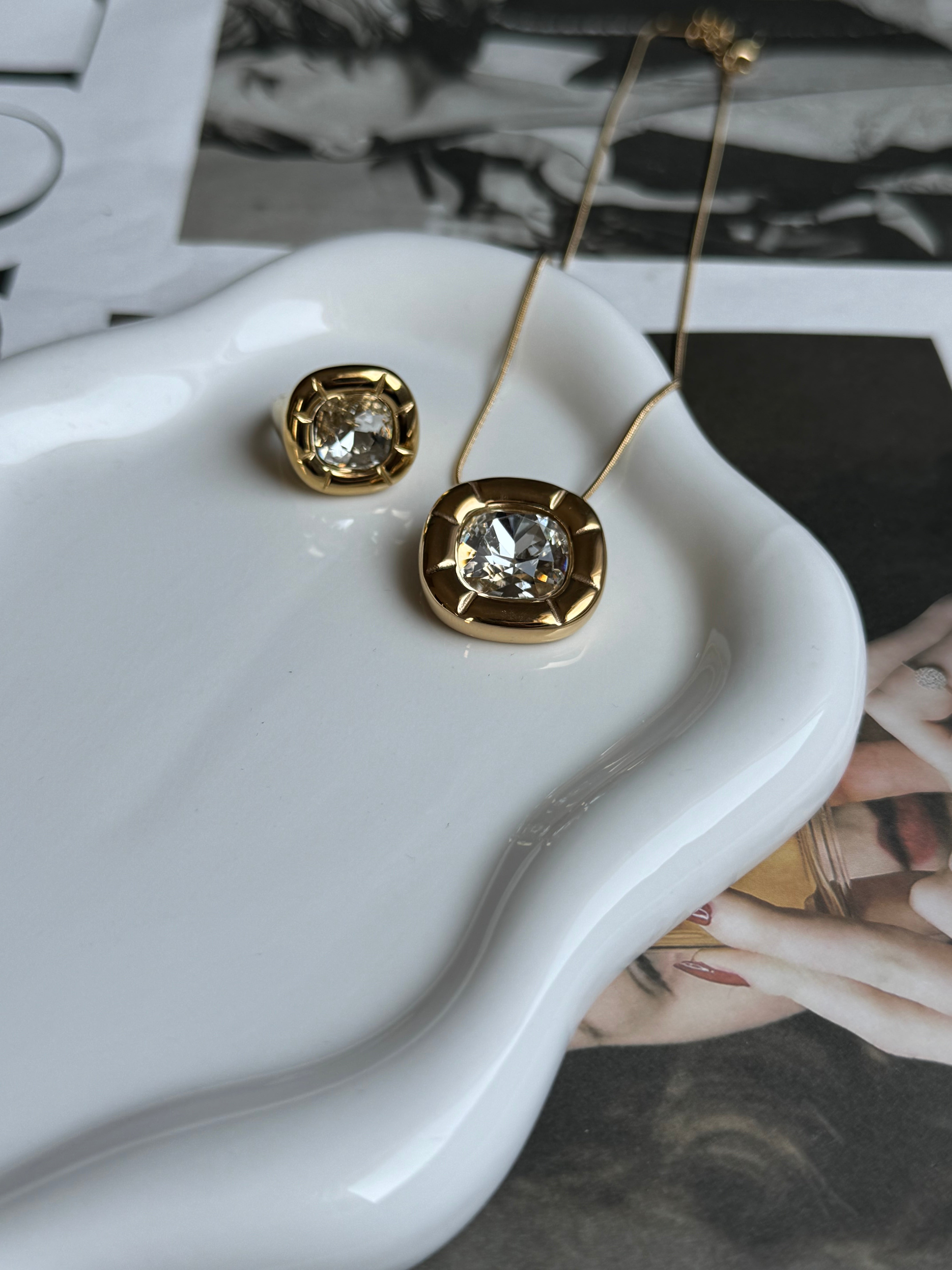 18k Gold Plated Zircon Square Necklace and Ring Set