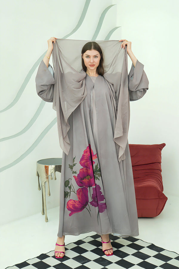 Greige Peony Reverie Abaya with Dress