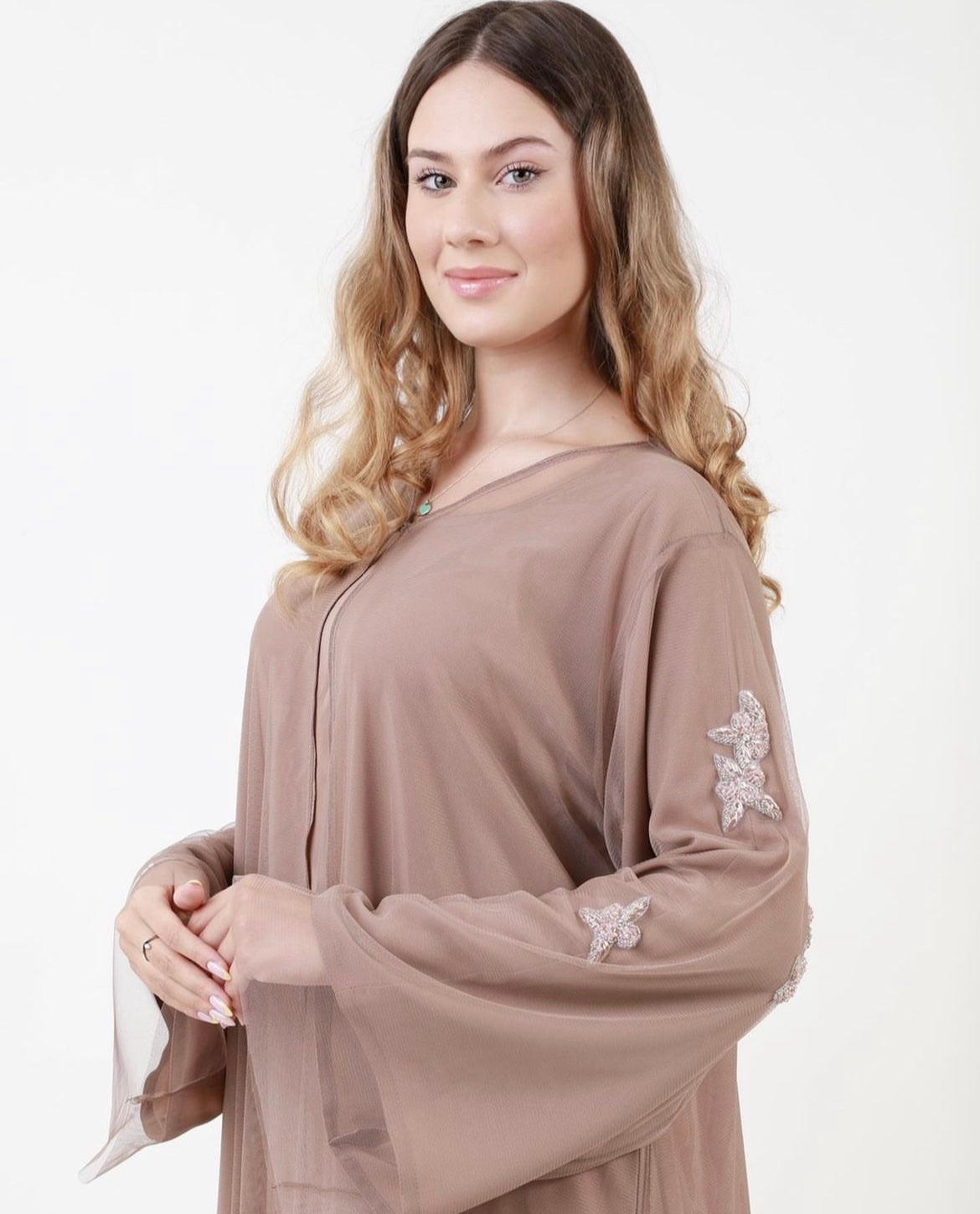 Nude Tulle Abaya - 3 pieces set