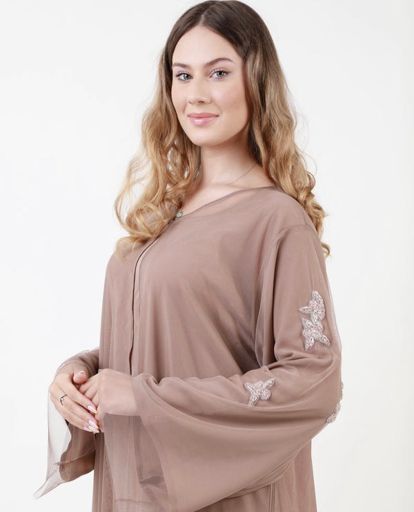Nude Tulle Abaya - 3 pieces set