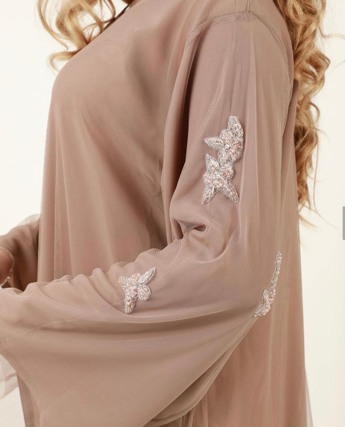 Nude Tulle Abaya - 3 pieces set