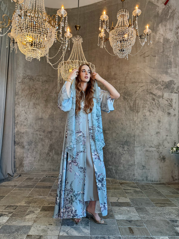 Azure Fleur Printed Abaya with Matching Printed Sheila