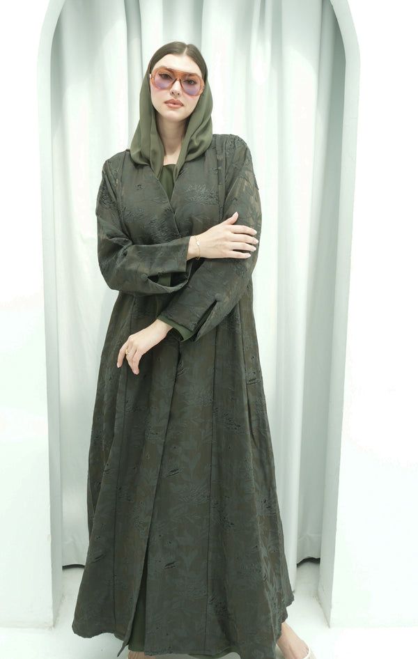 Olive Jacquard Abaya 3-Piece Set