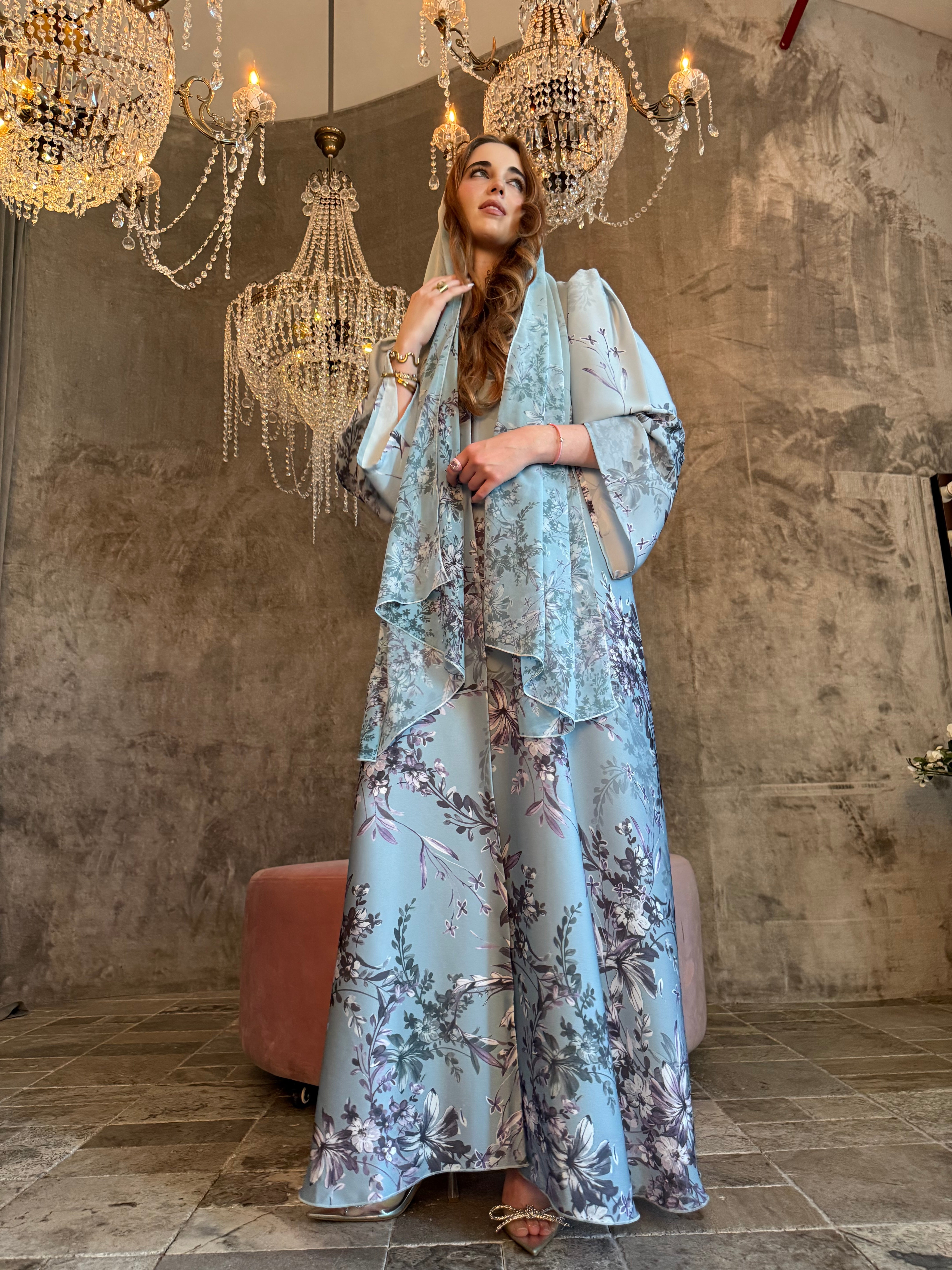 Azure Fleur Printed Abaya with Matching Printed Sheila