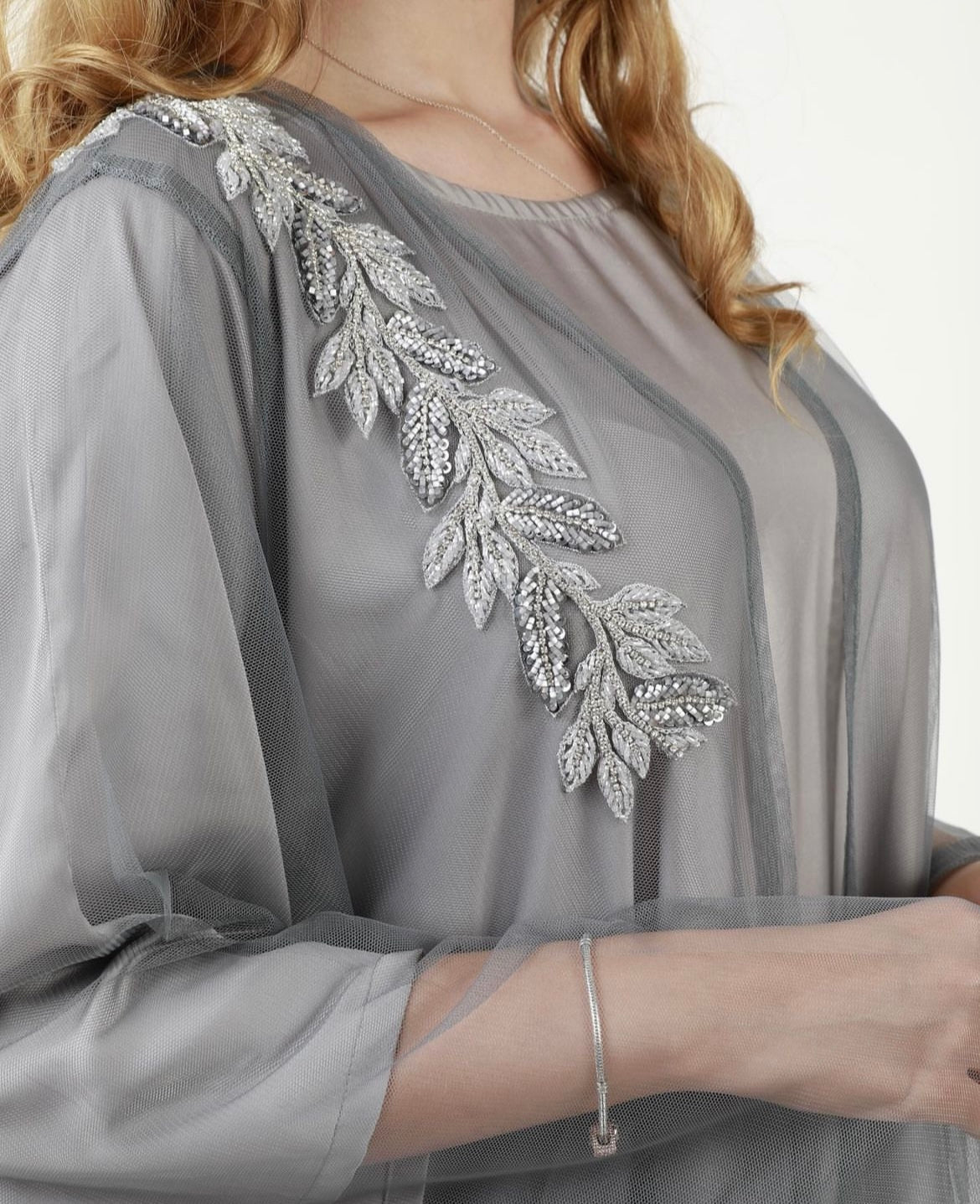 Grey Tulle Abaya - 3 pieces set