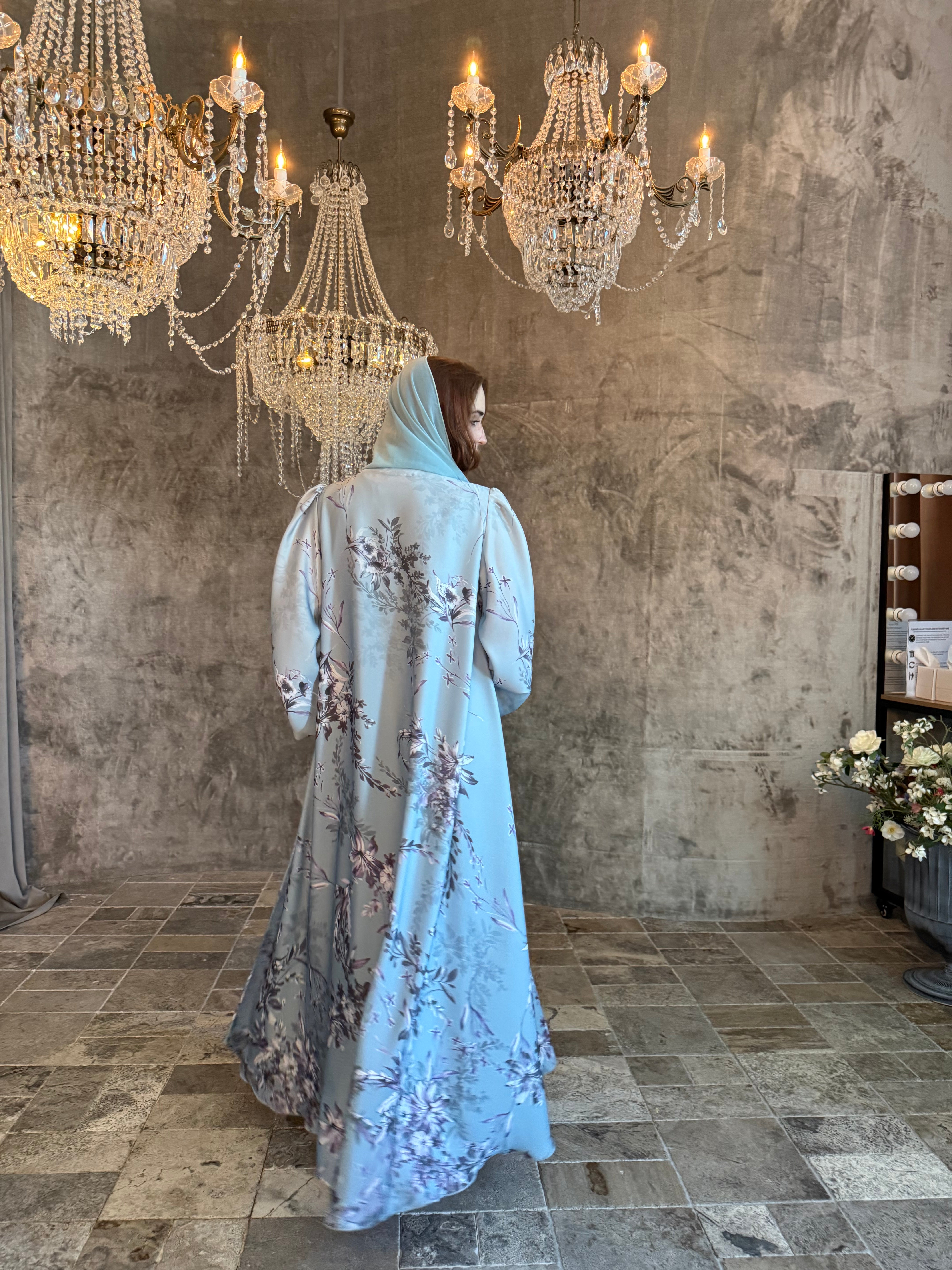 Azure Fleur Printed Abaya with Matching Printed Sheila