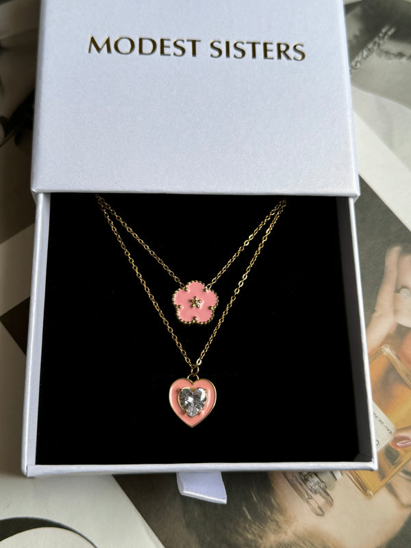 18K Gold Plated Pink Enamel Zircon Necklace |Set of 2