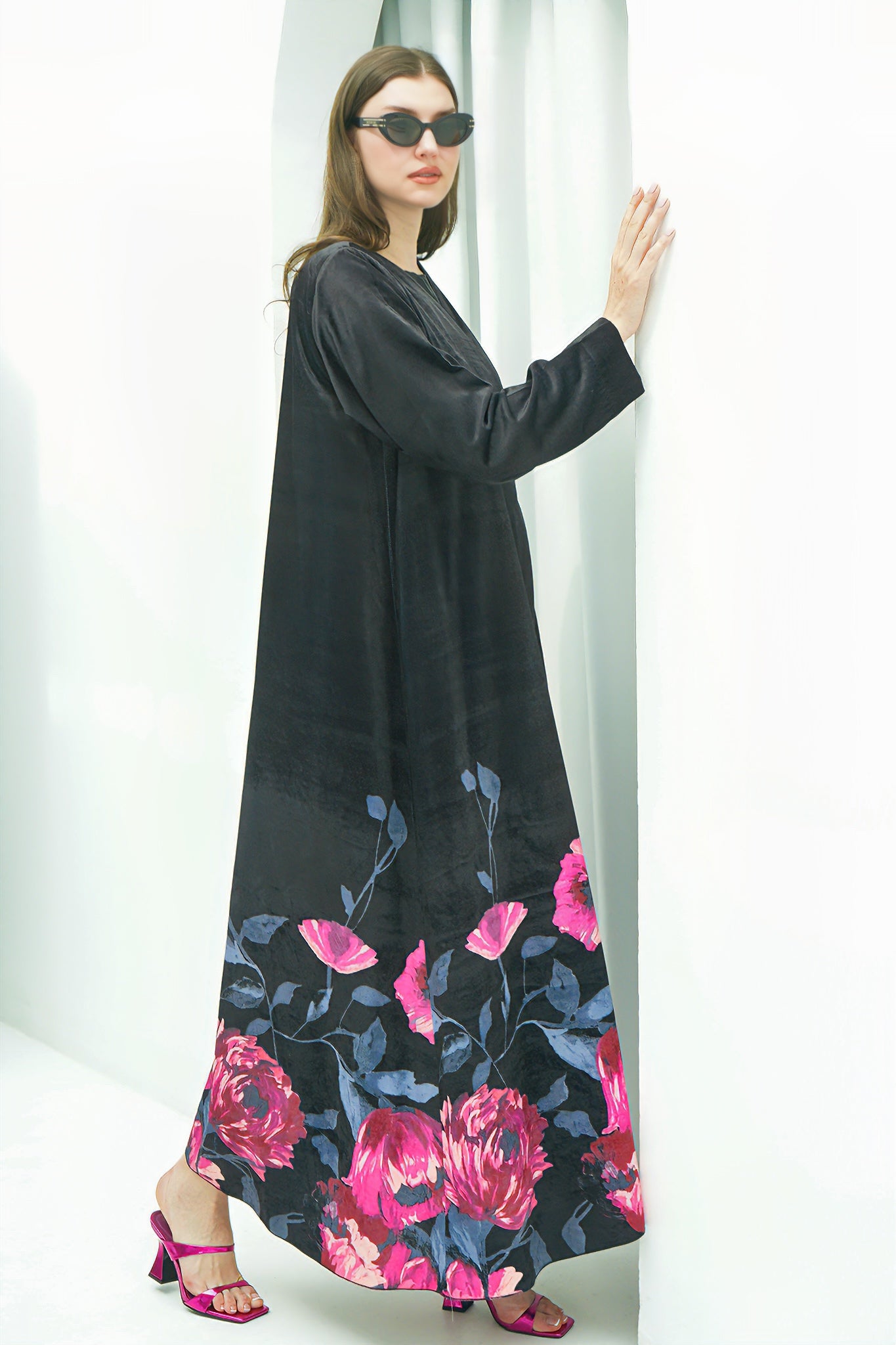 Floral Noir Velvet Abaya with Dress