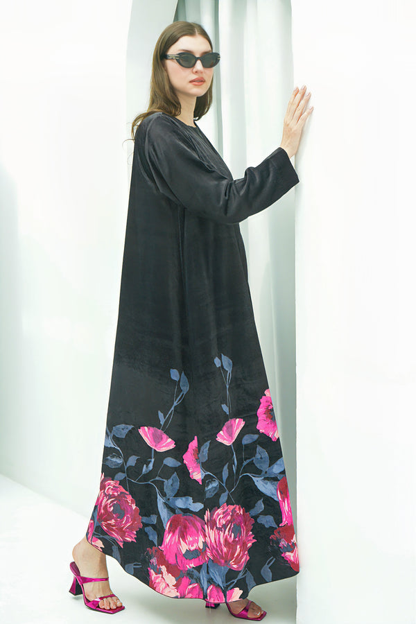 Floral Noir Velvet Abaya with Dress