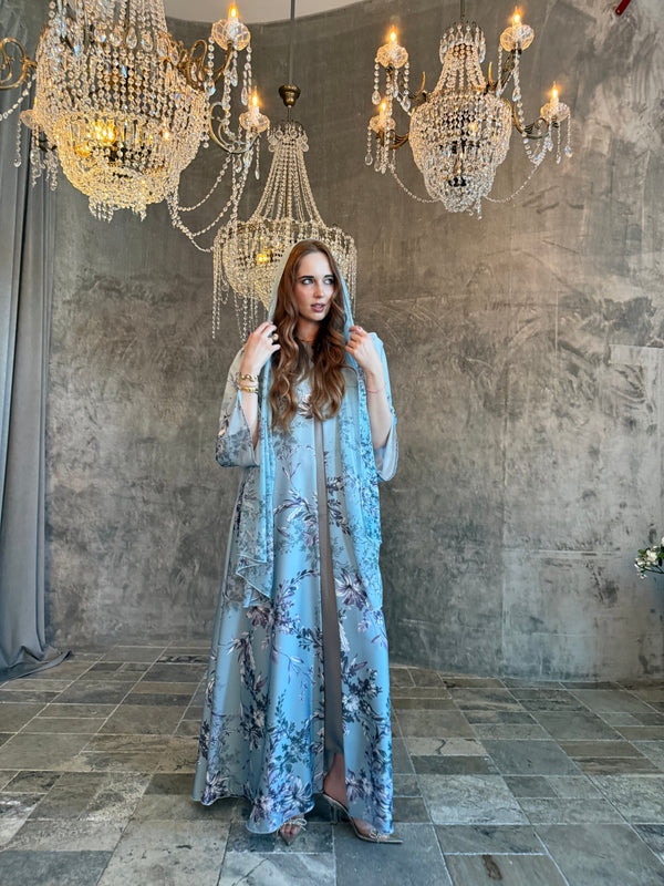 Azure Fleur Printed Abaya with Matching Printed Sheila