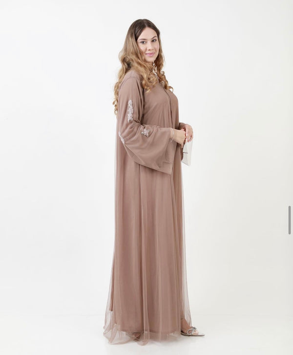 Nude Tulle Abaya - 3 pieces set
