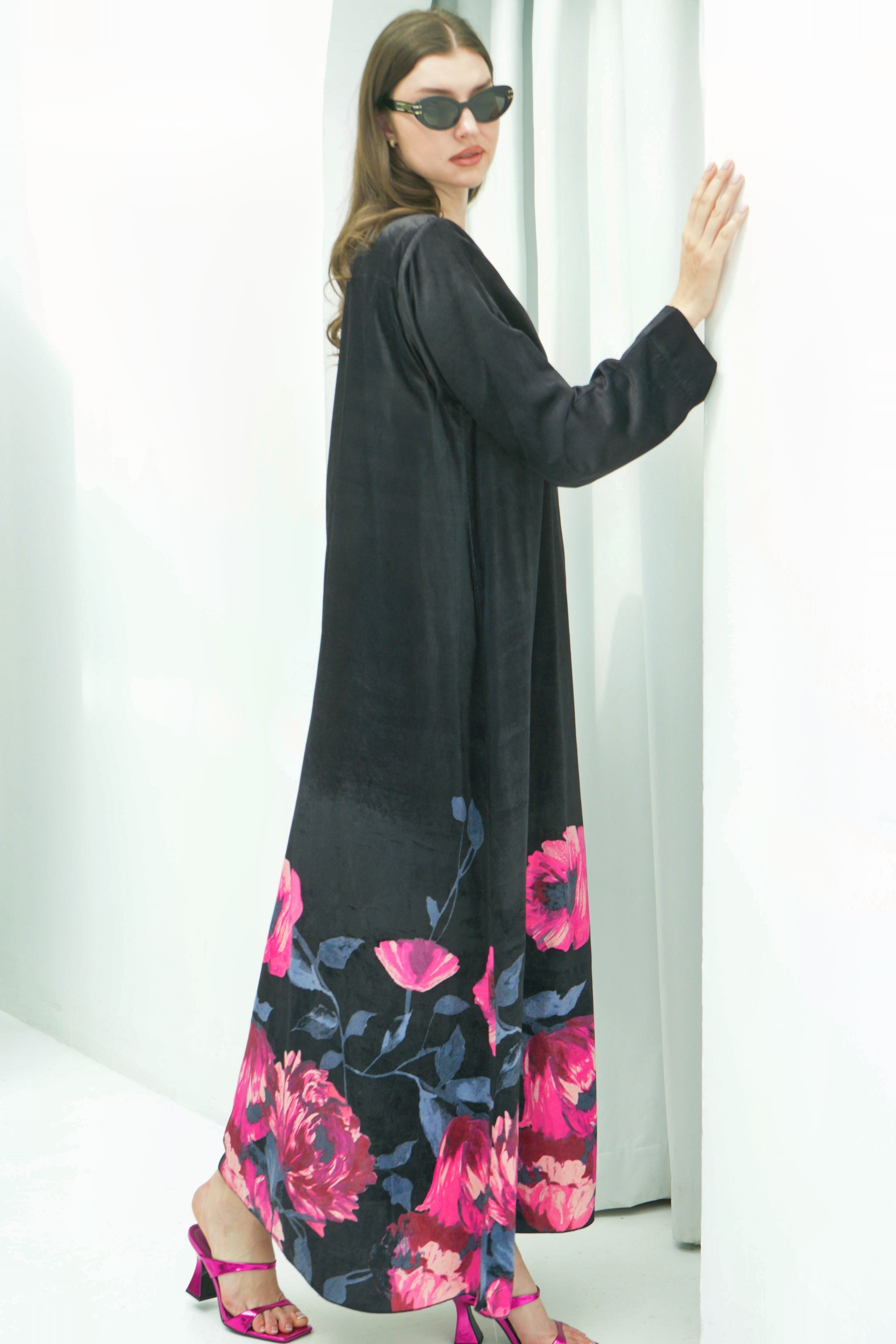 Floral Noir Velvet Abaya with Dress