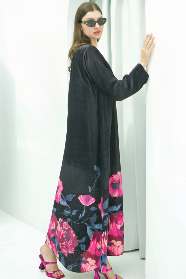 Floral Noir Velvet Abaya with Dress