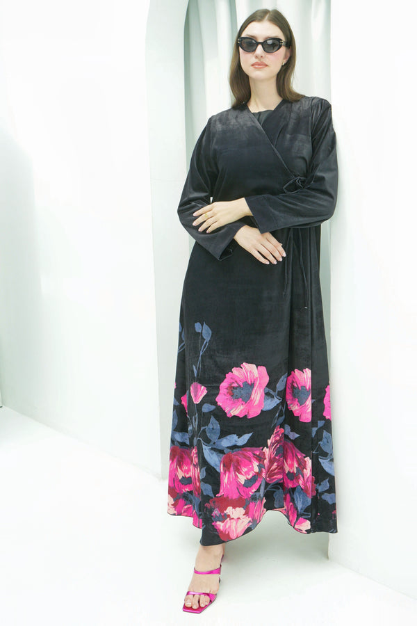 Floral Noir Velvet Abaya