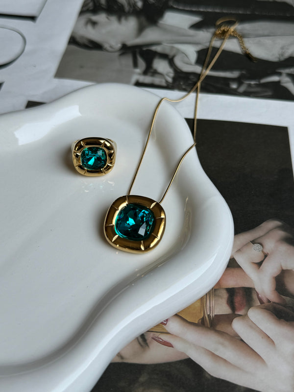 18k Gold Plated Zircon Square Necklace and Ring Set