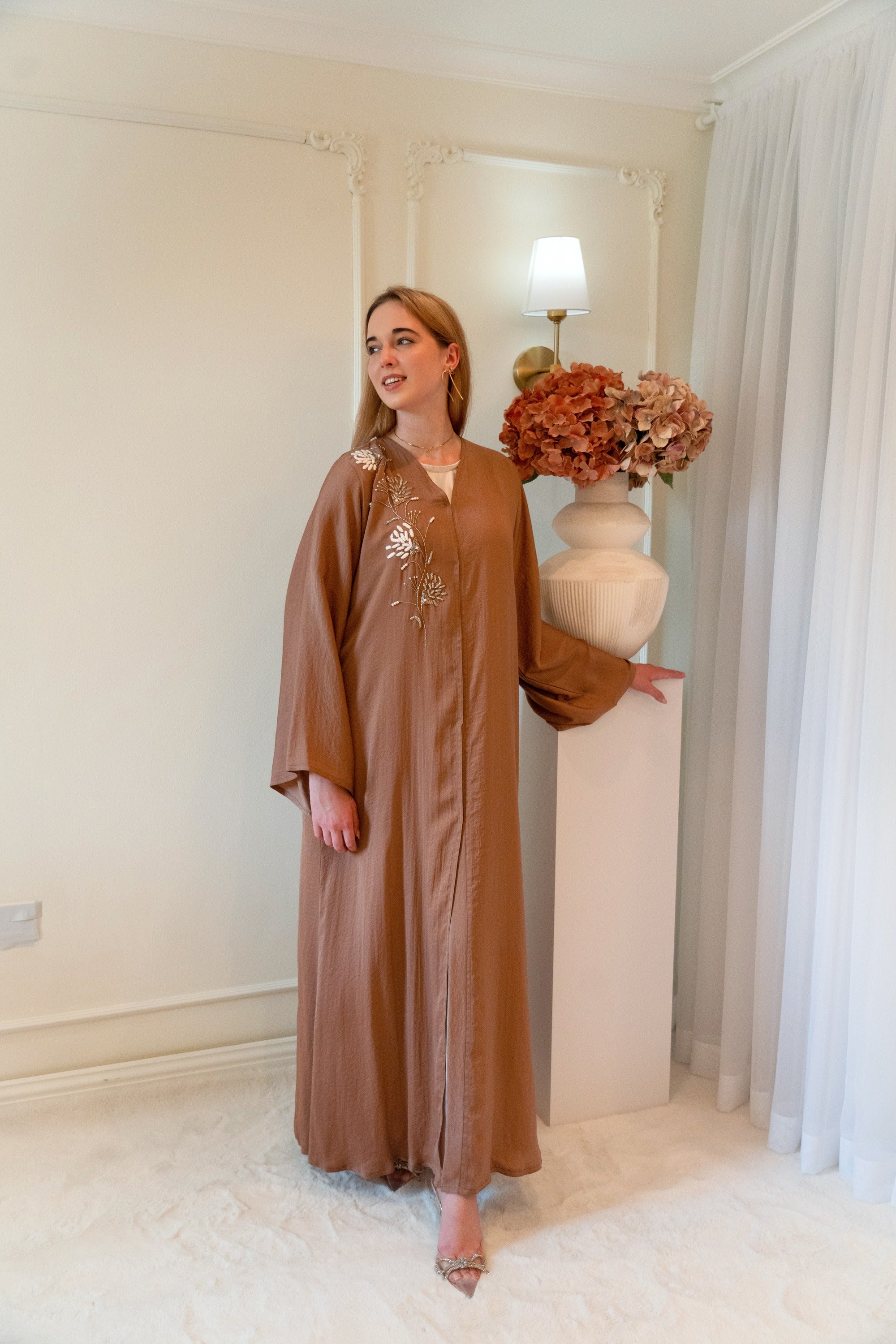 Dark Peach Hand Embroidered Abaya