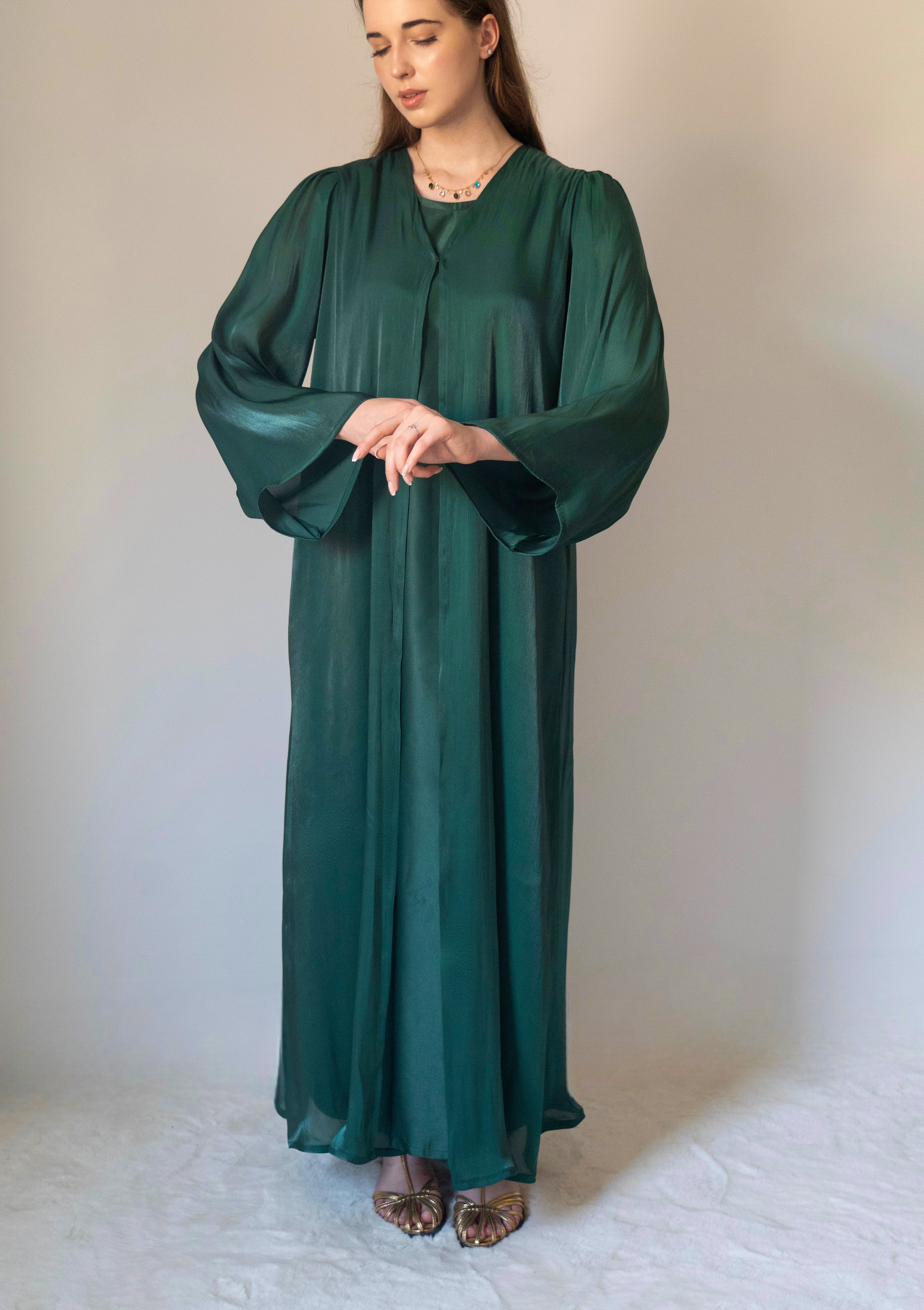 Emerald Silk Abaya | 3 Pieces Set