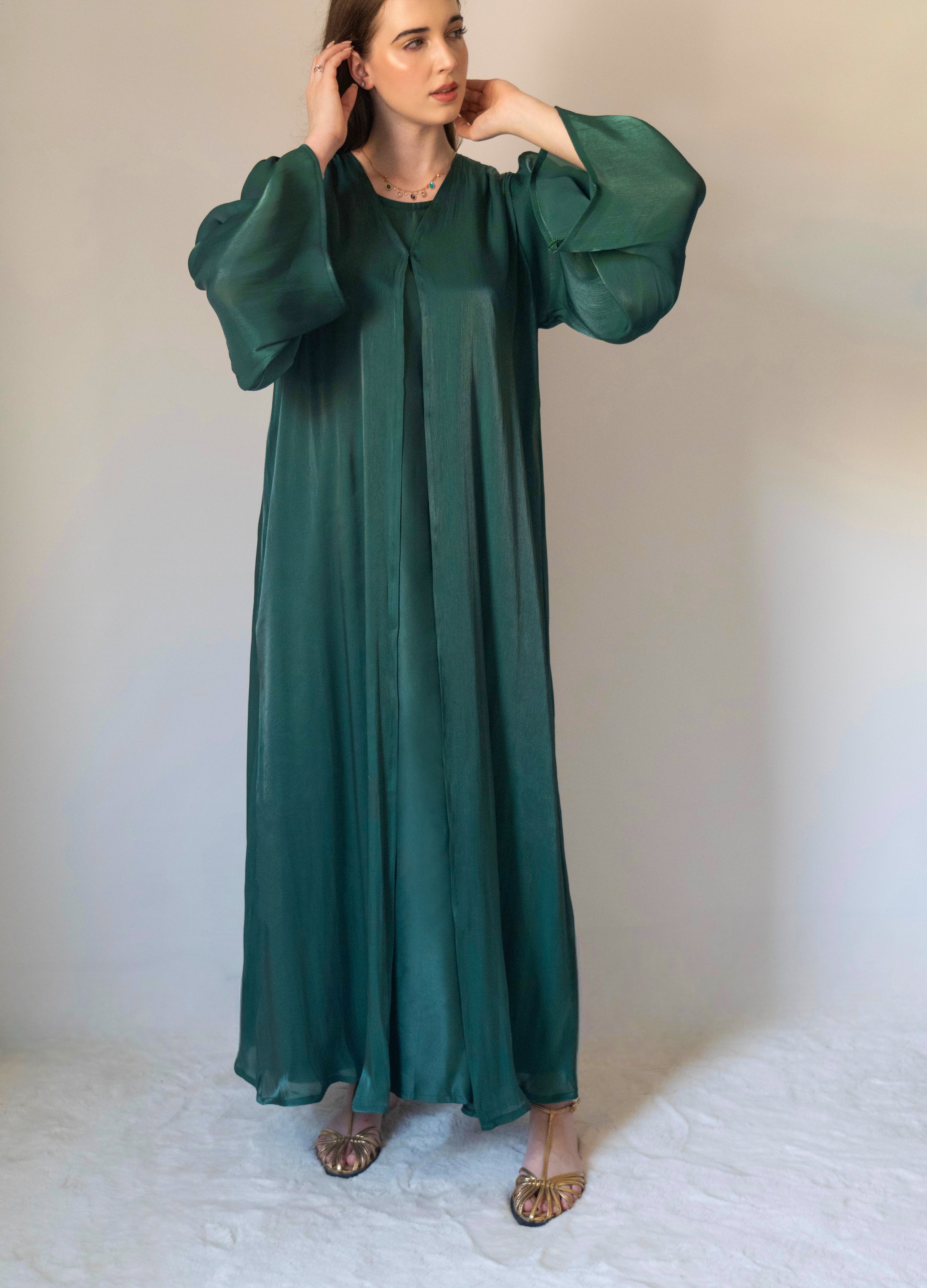 Emerald Silk Abaya | 3 Pieces Set