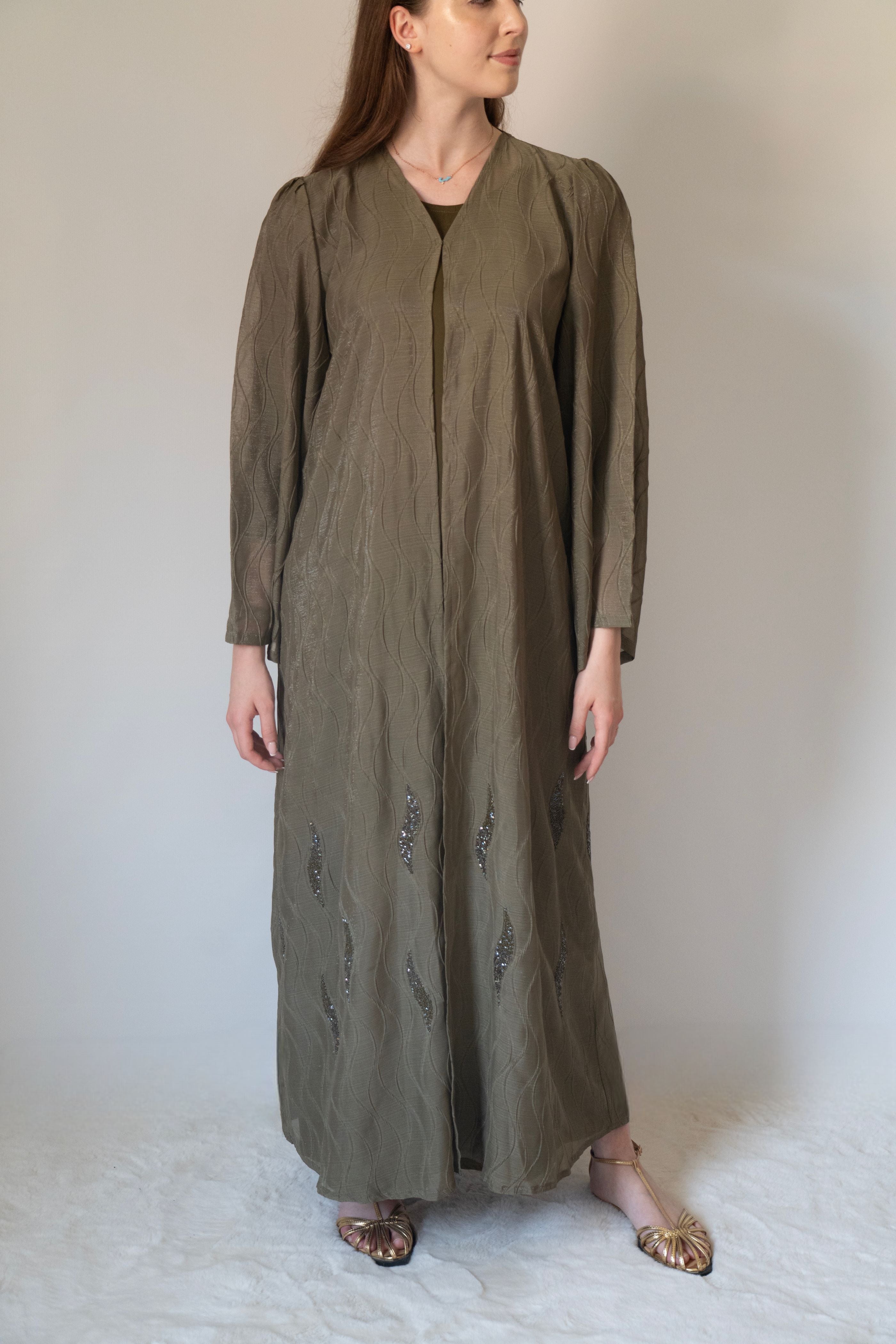 Olive Shimmer Abaya | 3 Pieces Set