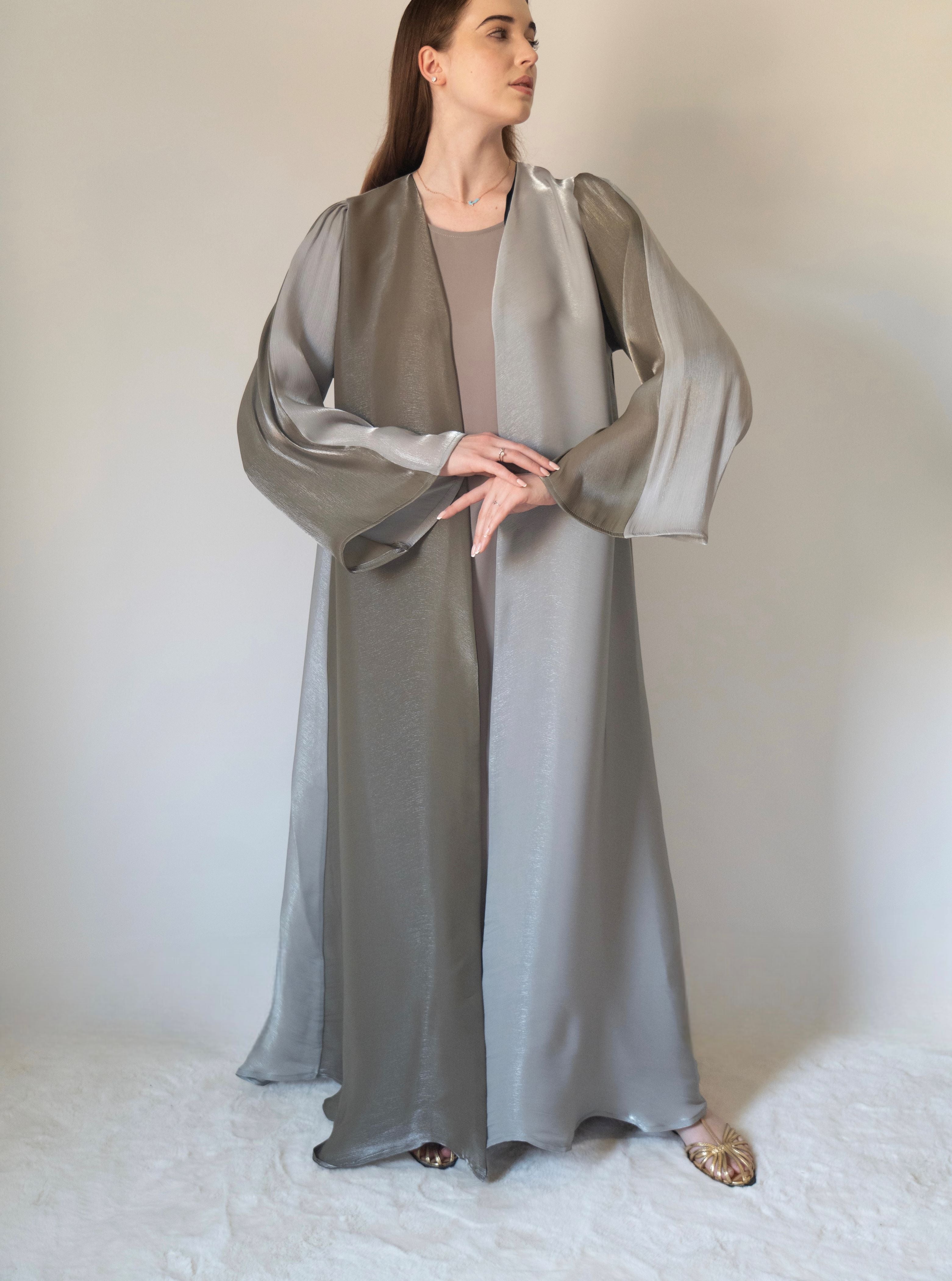 Enchanting Moss Silk Abaya | 3 Pieces Set (Abaya, Dress & Sheila)