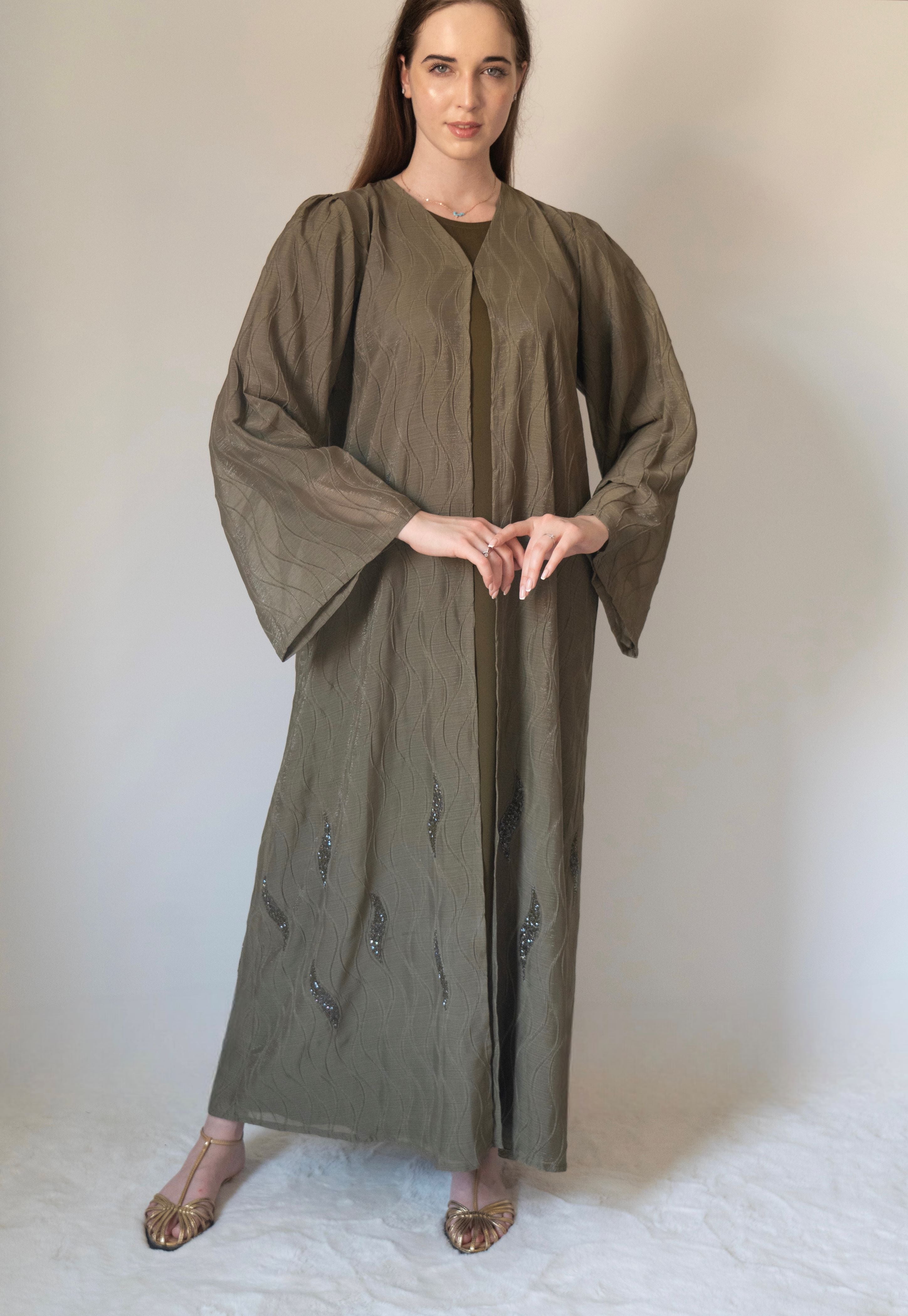 Olive Shimmer Abaya | 3 Pieces Set