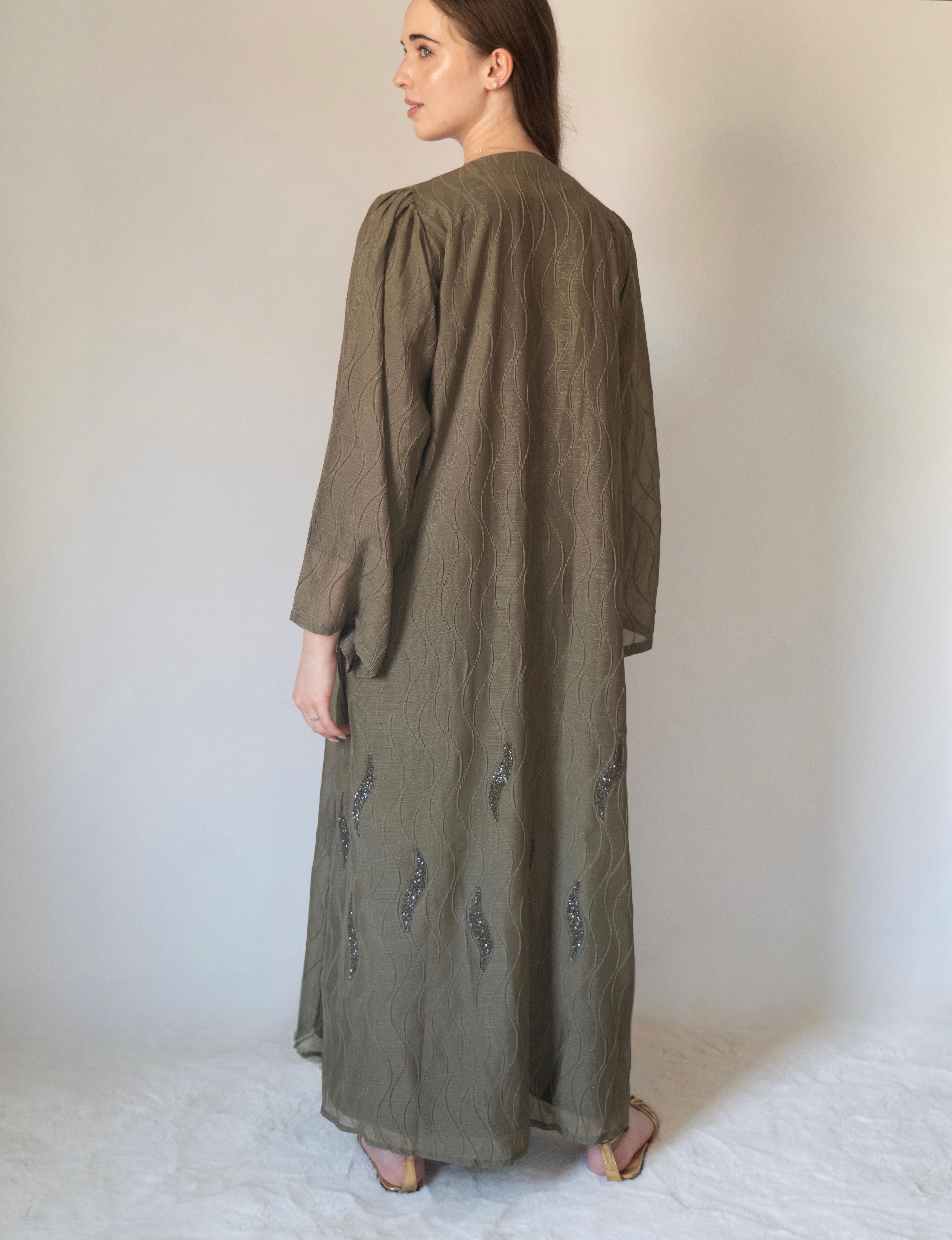 Olive Shimmer Abaya | 3 Pieces Set