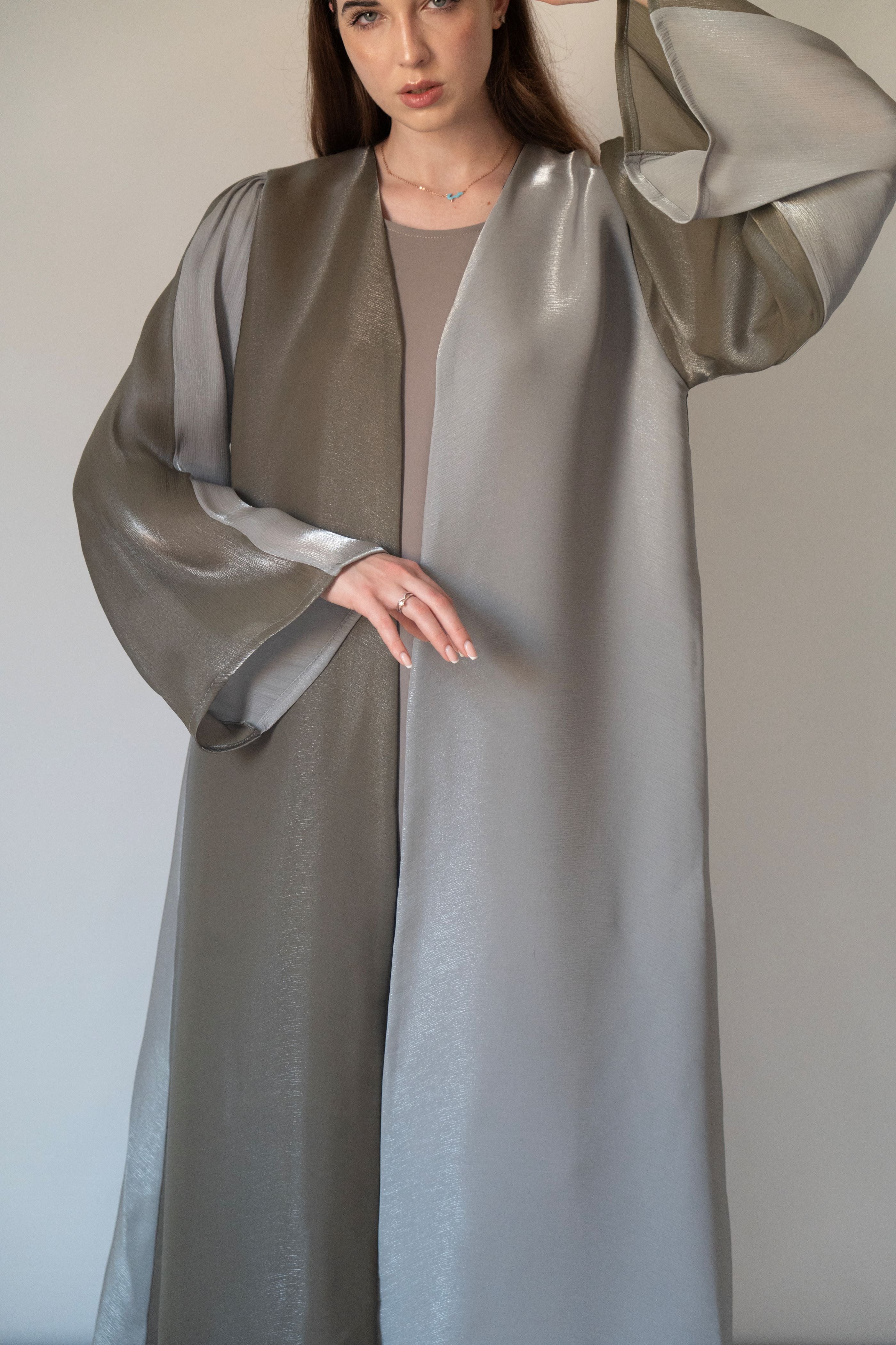 Enchanting Moss Silk Abaya | 3 Pieces Set (Abaya, Dress & Sheila)