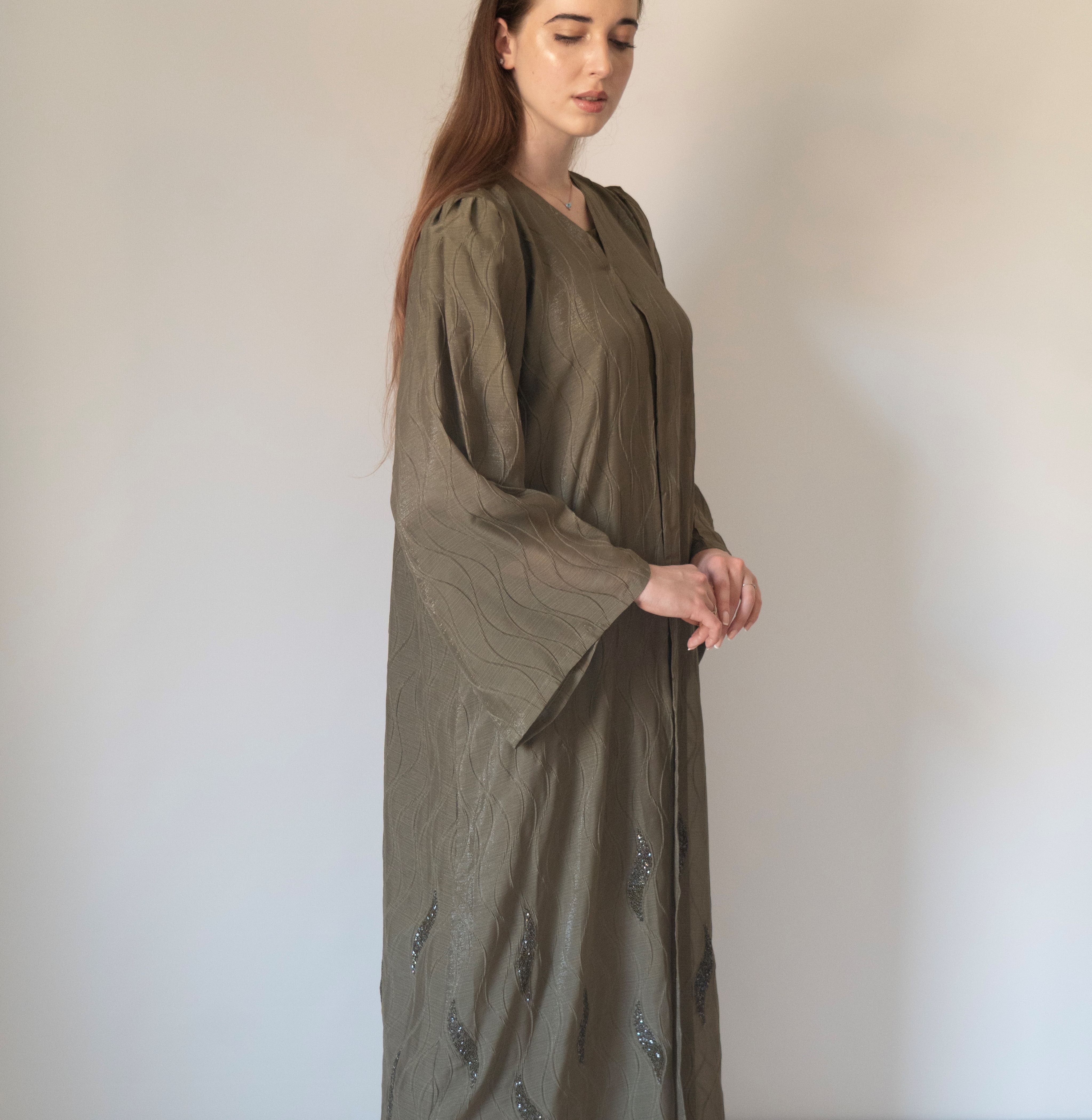 Olive Shimmer Abaya | 3 Pieces Set