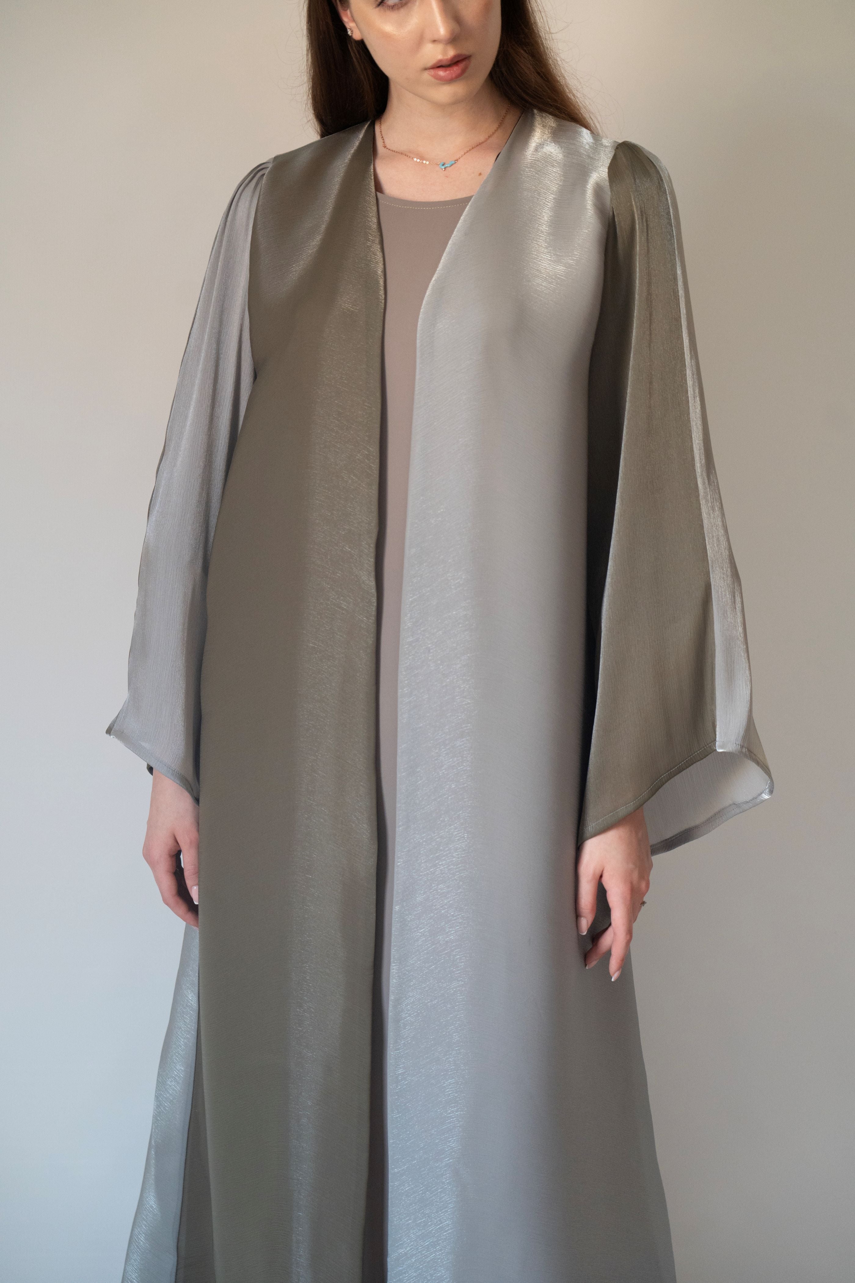 Enchanting Moss Silk Abaya | 3 Pieces Set (Abaya, Dress & Sheila)