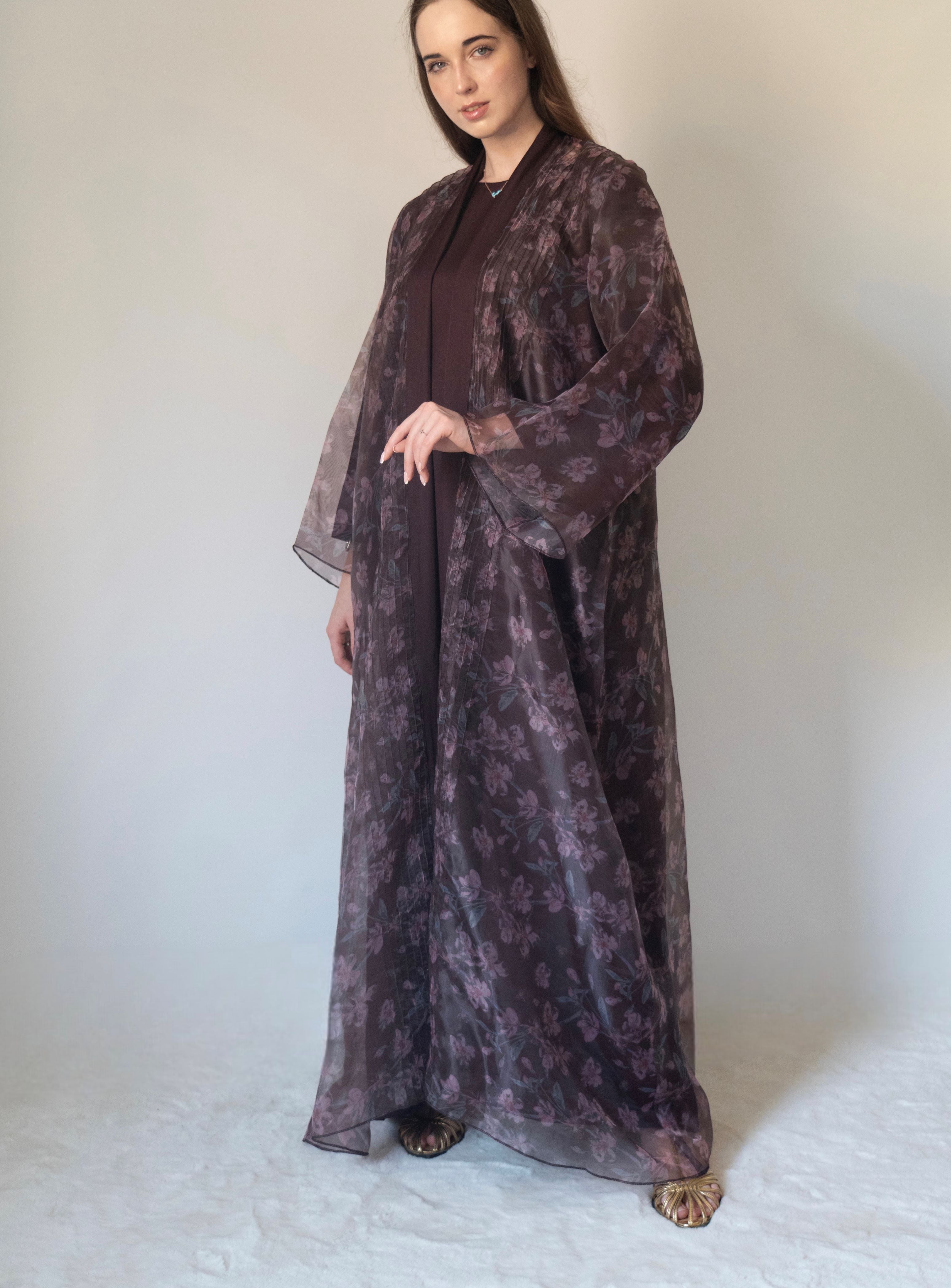 Brown Blossom Organza Abaya | 3 Pieces Set