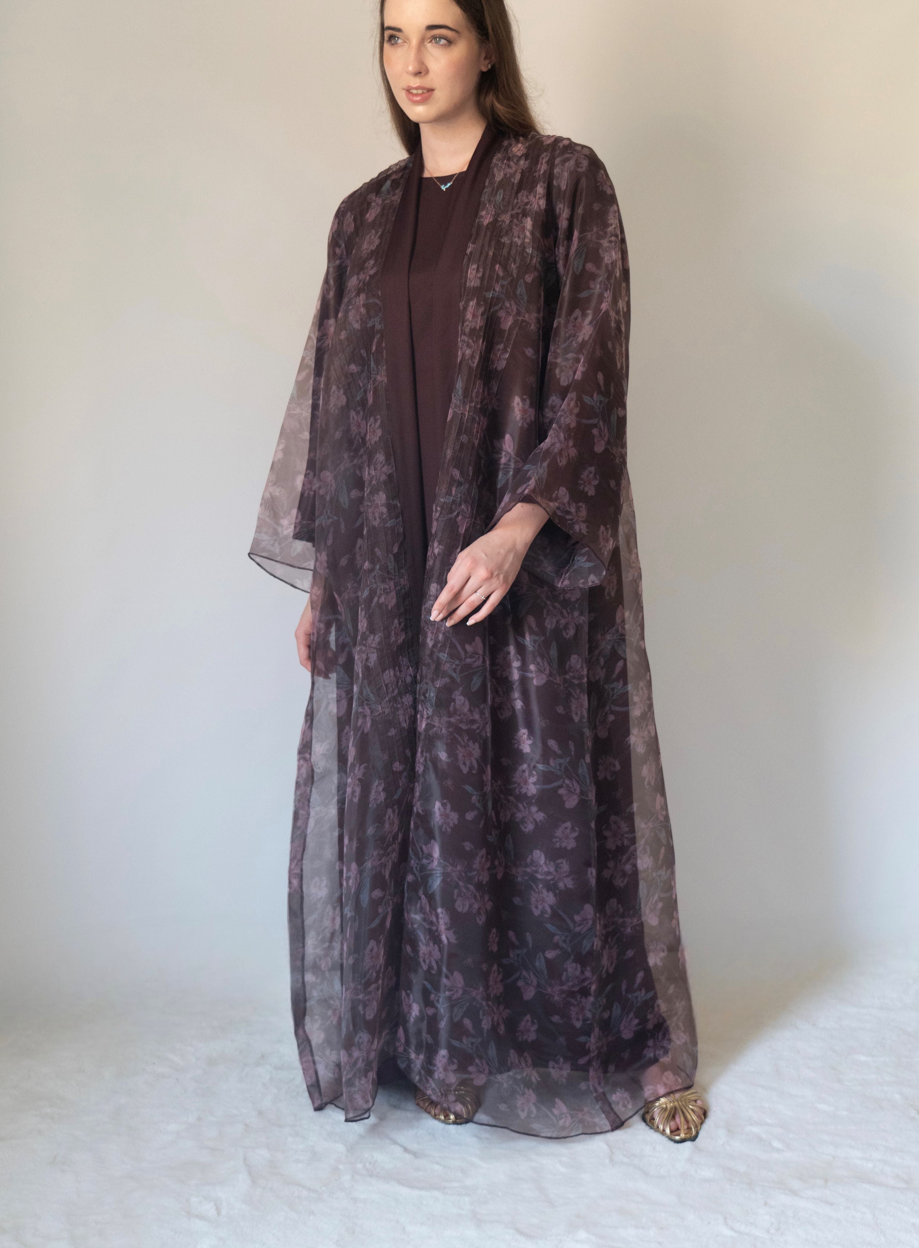 Brown Blossom Organza Abaya | 3 Pieces Set