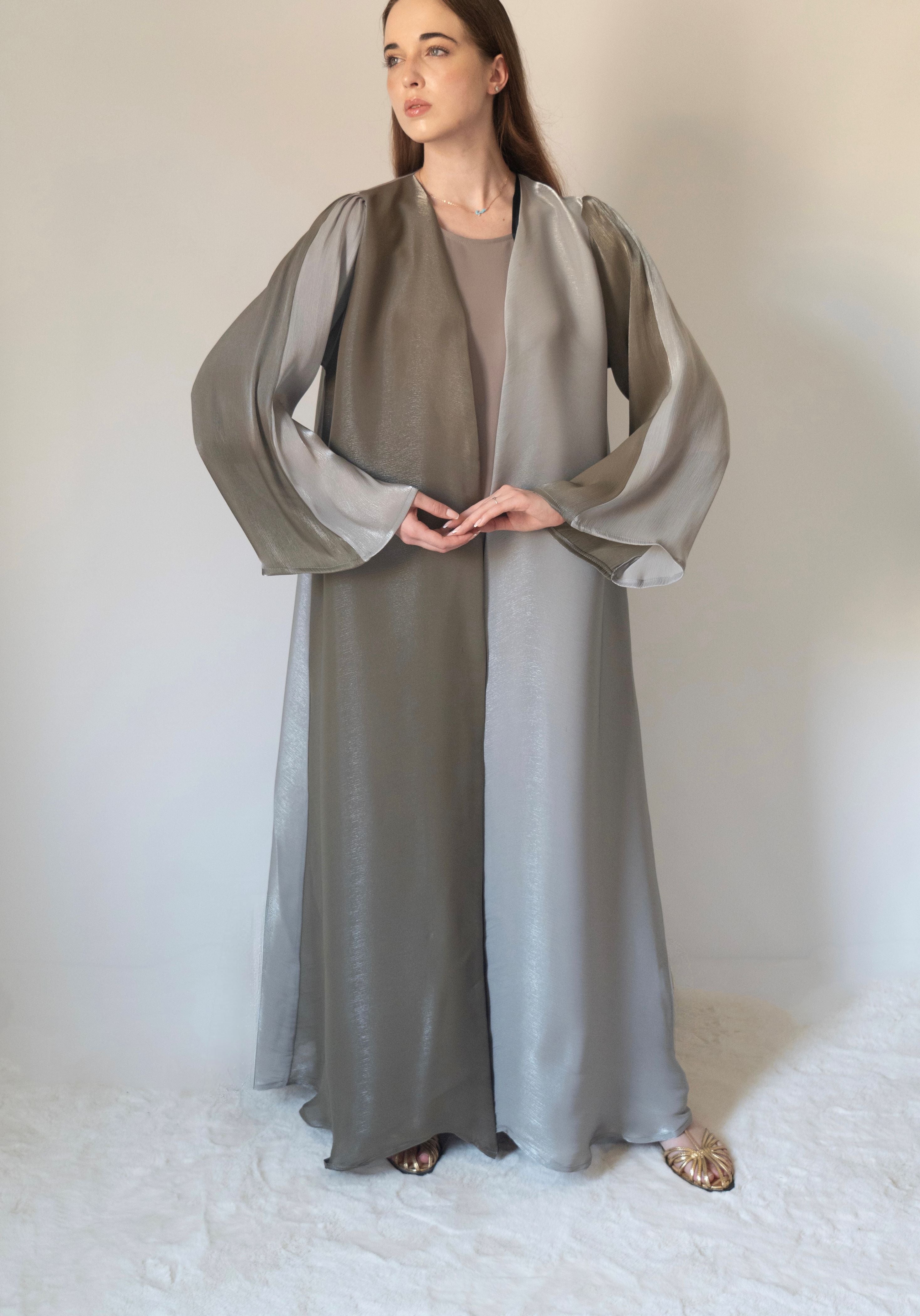 Enchanting Moss Silk Abaya | 3 Pieces Set (Abaya, Dress & Sheila)