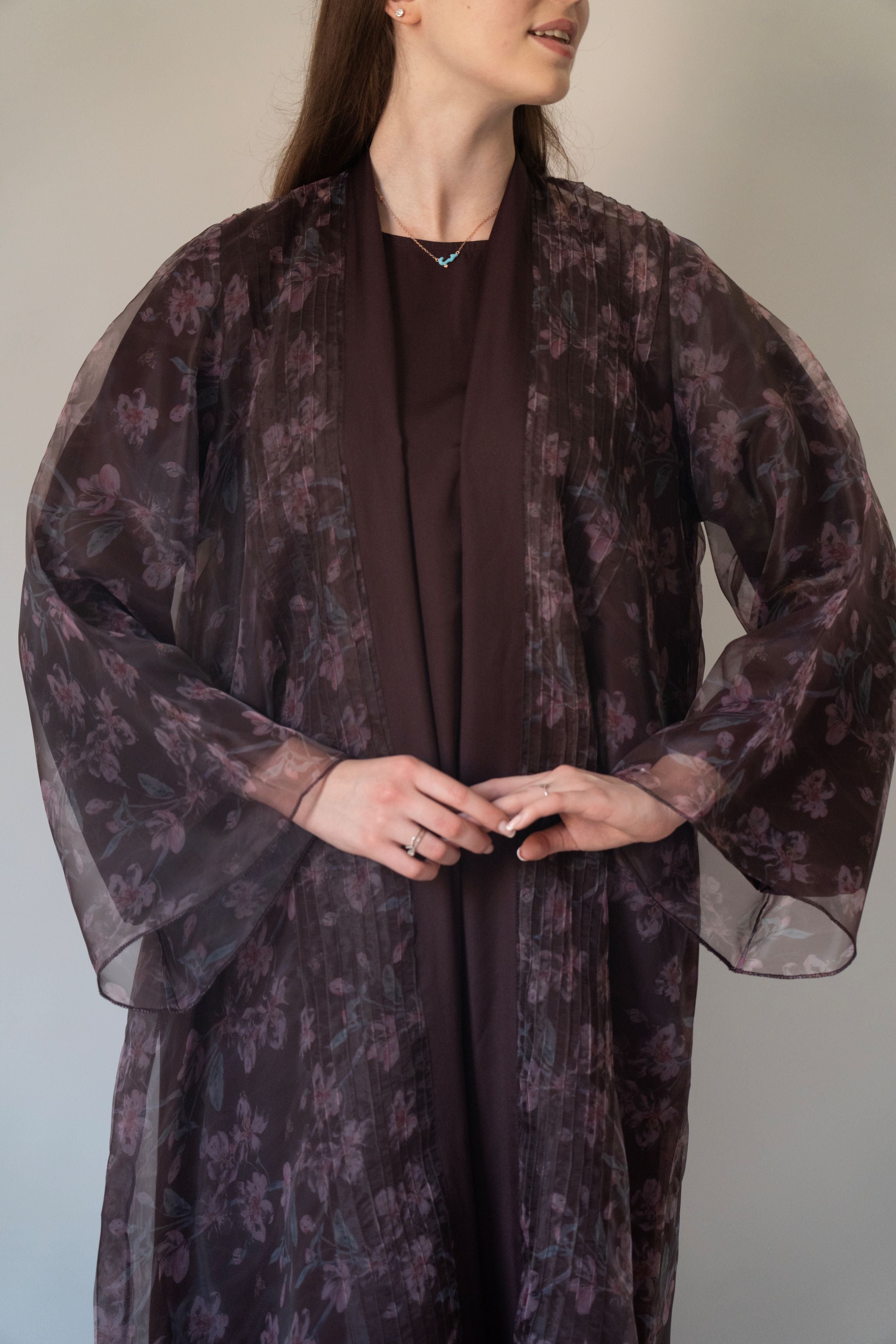 Brown Blossom Organza Abaya | 3 Pieces Set