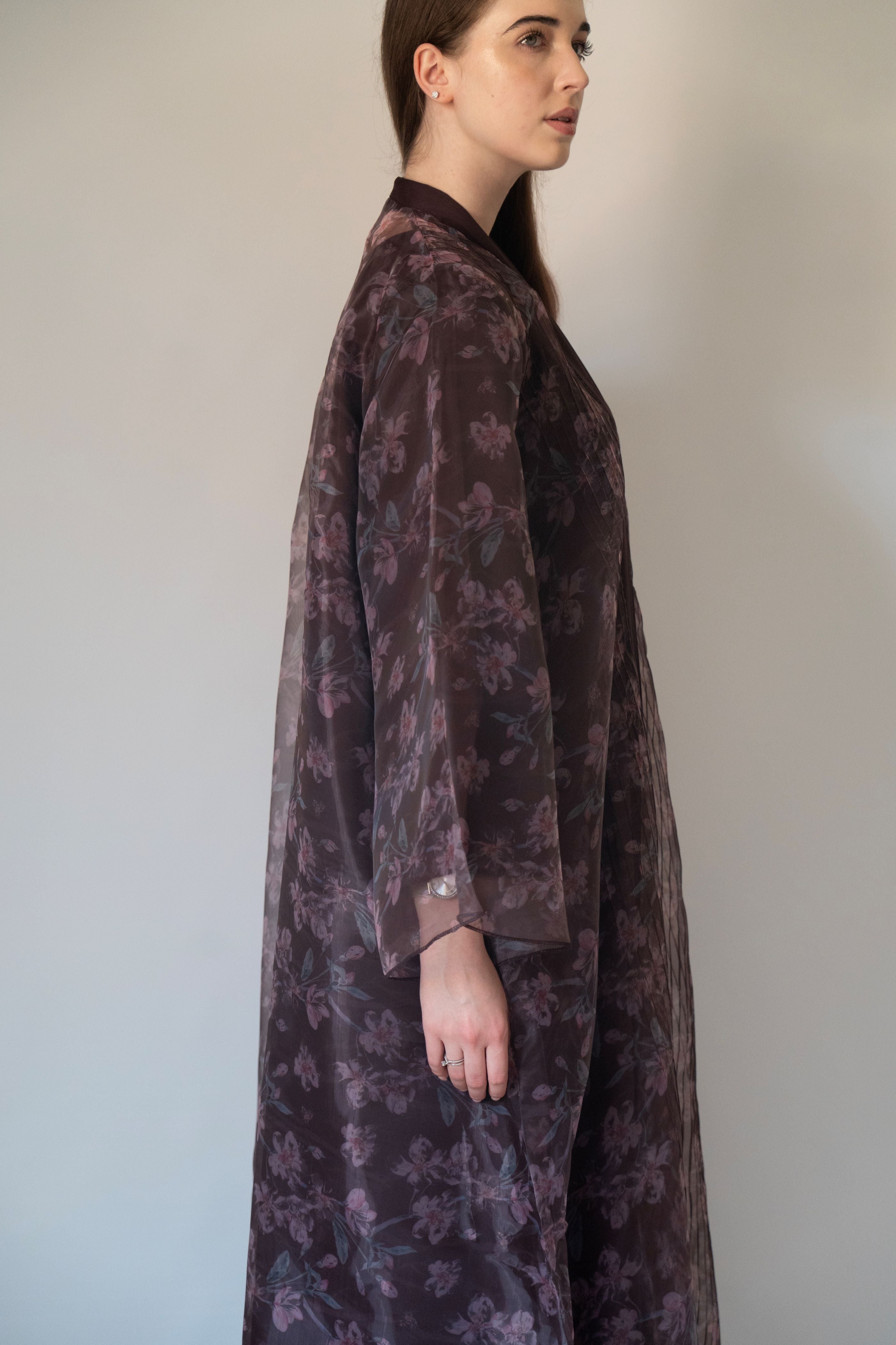 Brown Blossom Organza Abaya | 3 Pieces Set