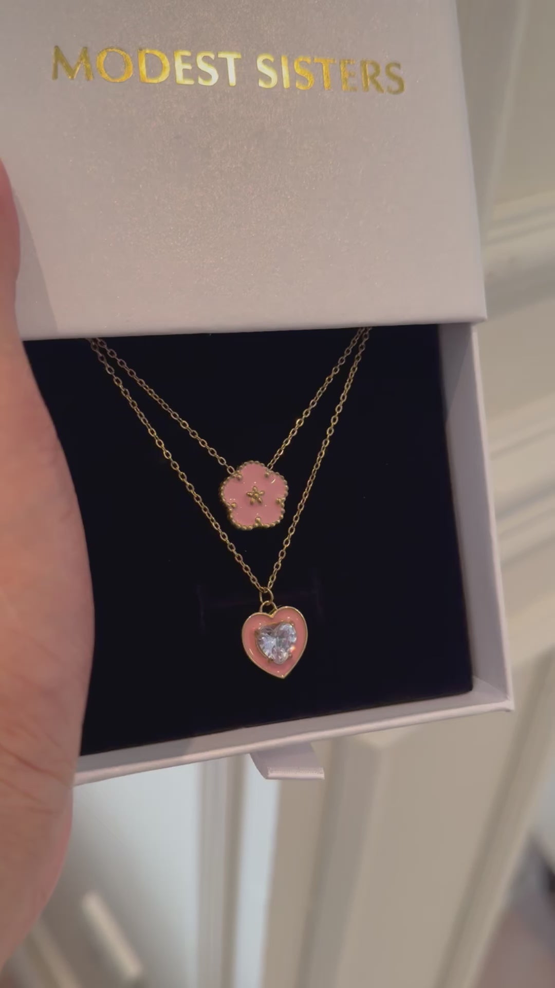 18K Gold Plated Pink Enamel Zircon Necklace |Set of 2